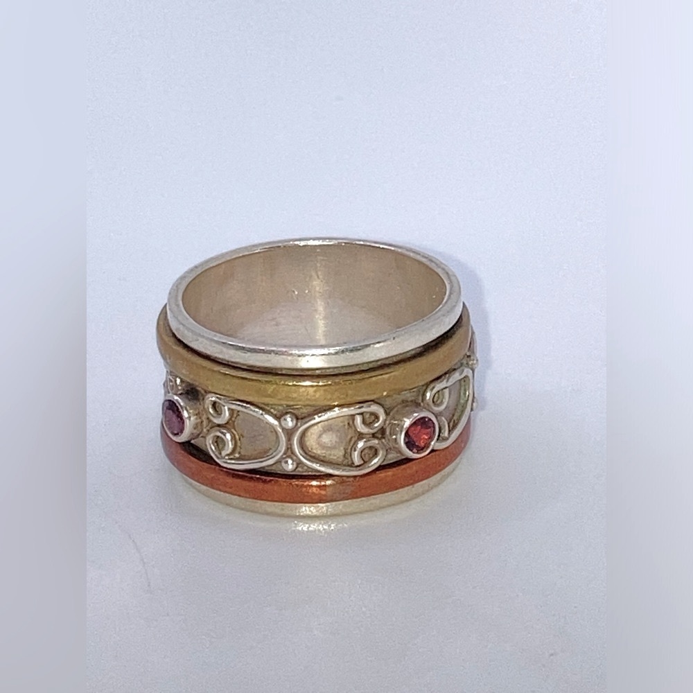 𝅺vtg Garnet Sterling Silver Huge Wide Band Fidget Spinner Ring Sz 9.75 / 10
